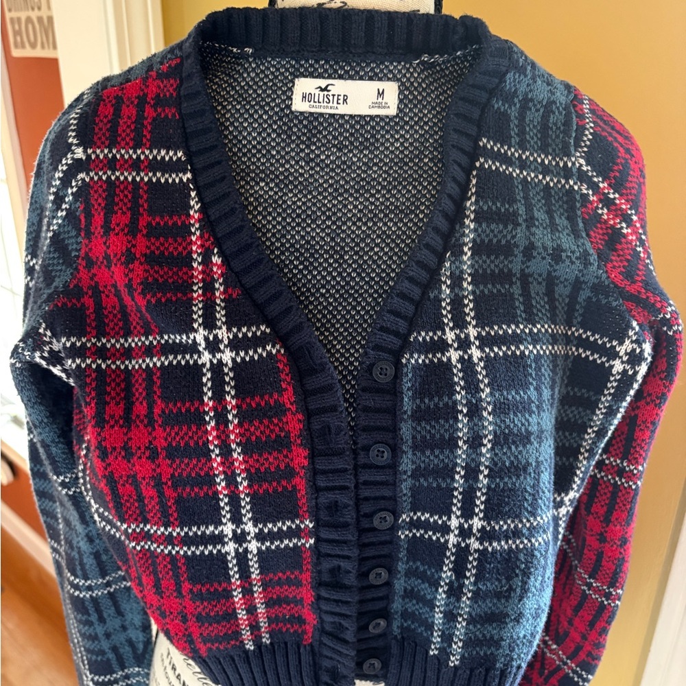 Hollister Plaid Cropped Cardigan Sweater Women’s Size M Button Front Y2K Preppy
